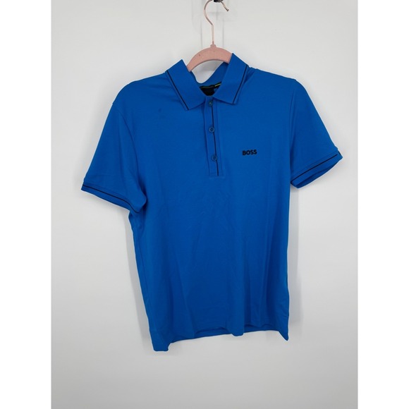 NWT Hugo Boss Polo Shirt Men's 3XL Blue With Black Contrast Piping Logo Summer